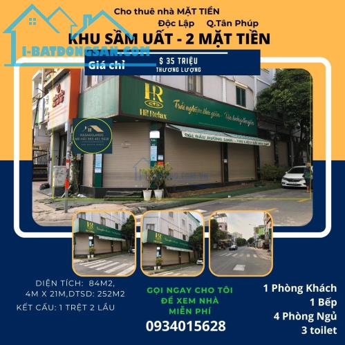 SỐC-Cho thuê nhà 2 mặt tiền Độc Lập 84m2, 2Lầu +ST, 35Triệu