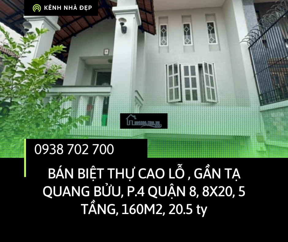 BIỆT THỰ CAO LỖ PHƯỜNG 4 QUẬN 8, 8*20m, đường 12m, 5 tầng, liền kề chung cư Topaz chỉ 20,x Ty