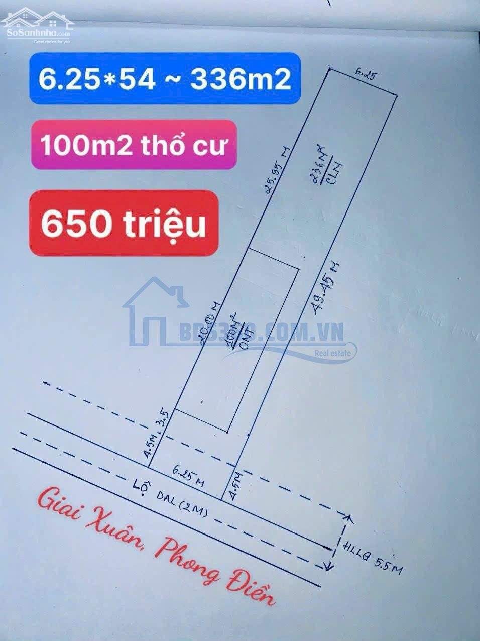 650tr - Nền Đẹp 336m2 Có 100 Thổ Cư, Cách Chợ Phong Điền 2,5km ~ 1,9tr/m2