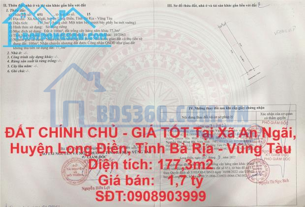 ĐẤT CHÍNH CHỦ - GIÁ TỐT Tại Xã An Ngãi, Huyện Long Điền, Tỉnh Bà Rịa - Vũng Tàu