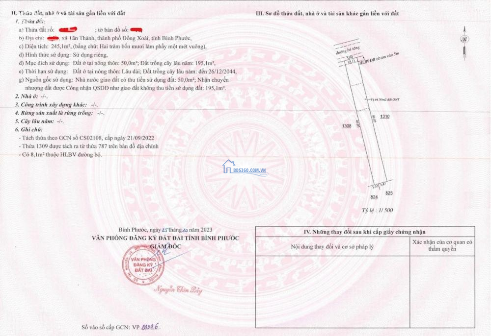 Bán đất TP Đồng Xoài,mặt tiền 32m đường nhựa,Dt 250m2 thổ cư,( sổ tươi)350tr