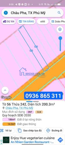 BÁN ĐẤT MẶT TIỀN ĐƯỜNG CHÂU PHA TÓC TIÊN BÀ RỊA DT: 200M2 GIÁ 1 TỈ 250
