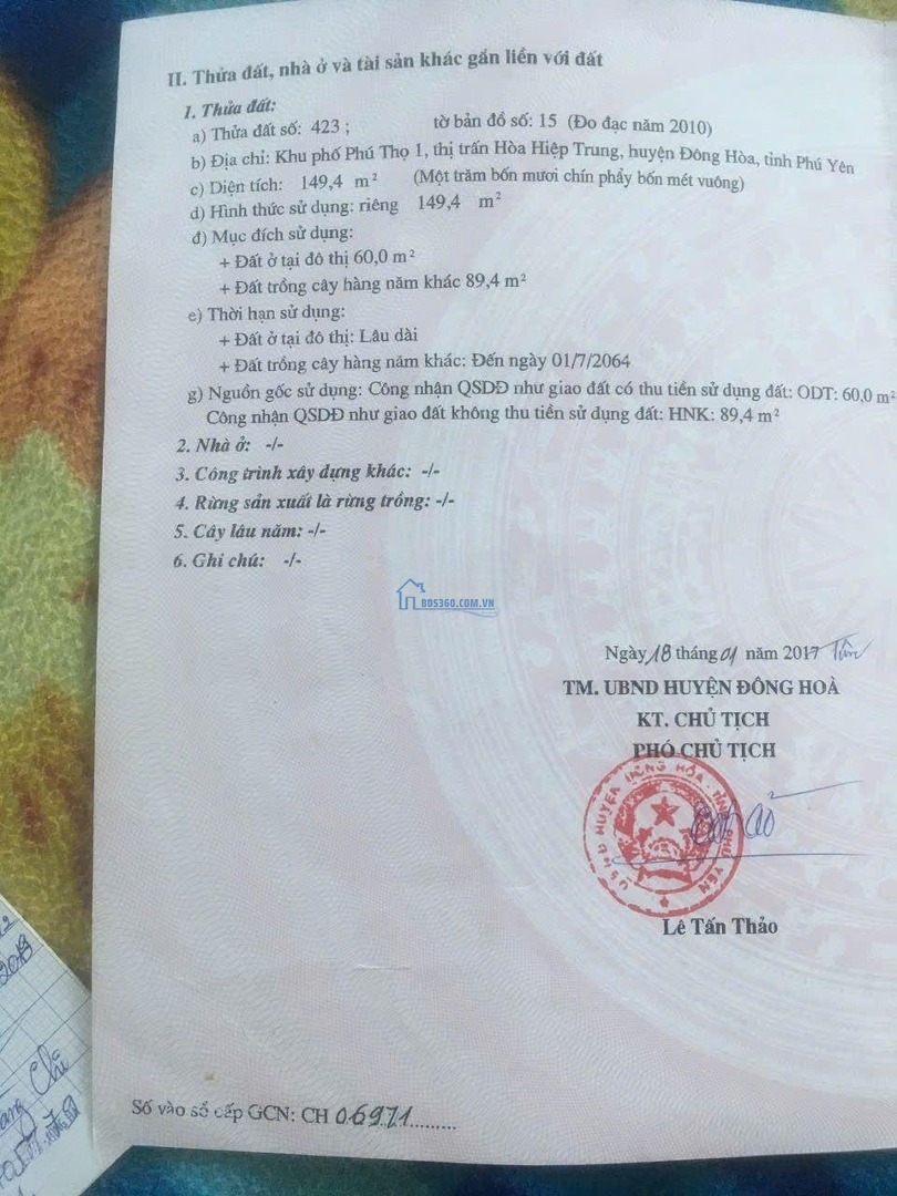 Bán Lô Đất Khu Phố Phú Thọ 1, Thị Trấn Hòa Hiệp Trung. 149,4M2 Giá Bán 1,95 Tỷ.